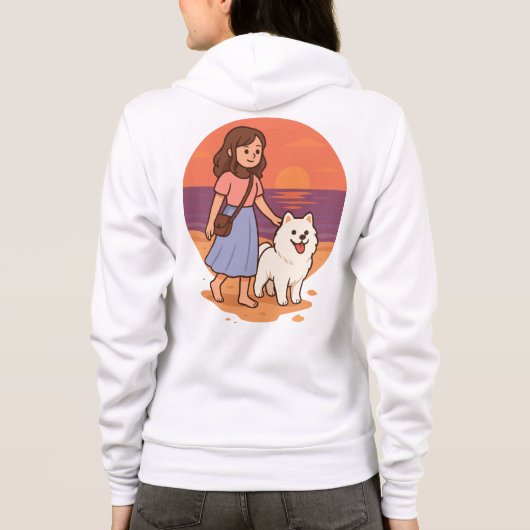 Cute Dog Mom Walking Fluffy Pup on Sunset Beach Hoodie (Rückseite)