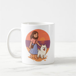 Cute Dog Mom Walking Fluffy Pup on Sunset Beach  Kaffeetasse