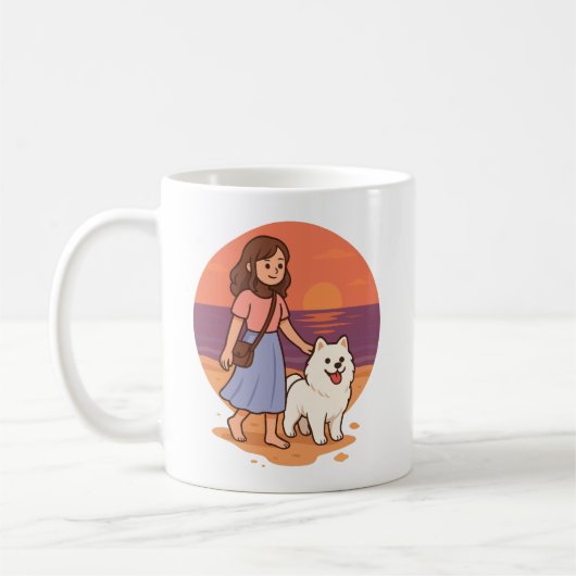 Cute Dog Mom Walking Fluffy Pup on Sunset Beach  Kaffeetasse (Links)