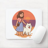 Cute Dog Mom Walking Fluffy Pup on Sunset Beach Mousepad (Mit Mouse)
