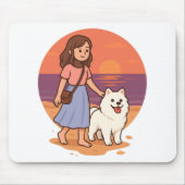 Cute Dog Mom Walking Fluffy Pup on Sunset Beach  Mousepad (Vorne)