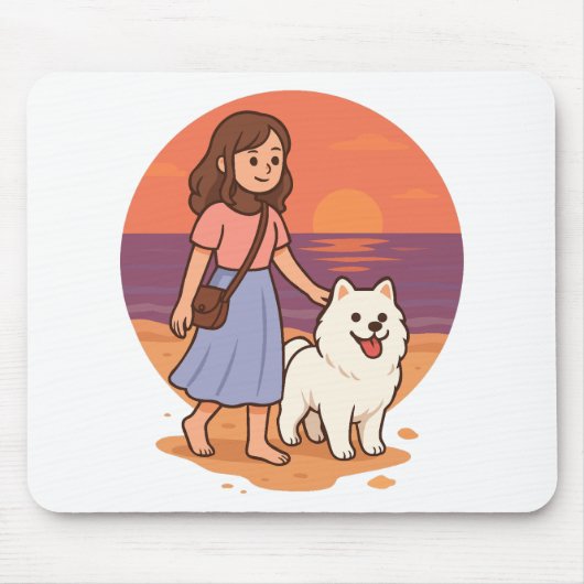 Cute Dog Mom Walking Fluffy Pup on Sunset Beach Mousepad (Vorne)