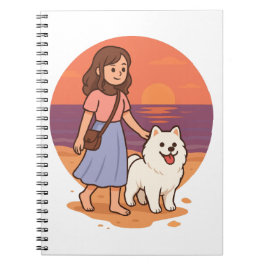 Cute Dog Mom Walking Fluffy Pup on Sunset Beach  Notizblock