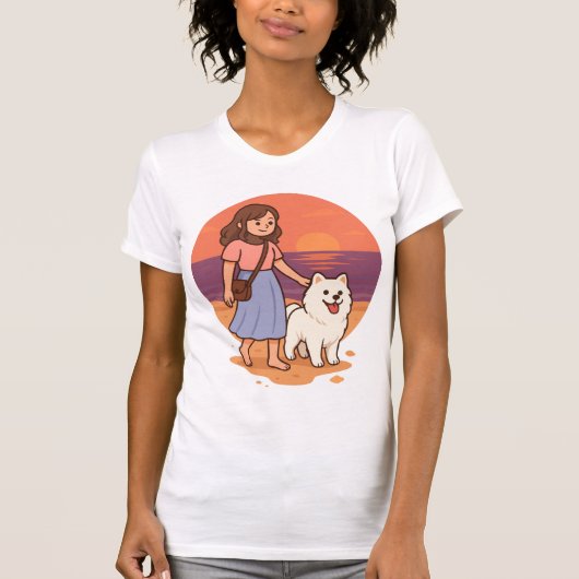 Cute Dog Mom Walking Fluffy Pup on Sunset Beach  T-Shirt (Vorderseite)