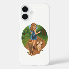 Cute Dog Mom Walking Puppies Forest Trail Illustra iPhone 16 Hülle