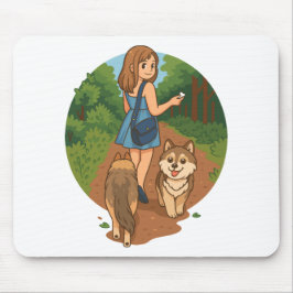 Cute Dog Mom Walking Puppies Forest Trail Illustra Mousepad