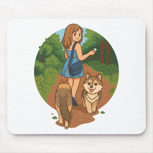 Cute Dog Mom Walking Puppies Forest Trail Illustra Mousepad (Vorne)