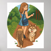Cute Dog Mom Walking Puppies Forest Trail Illustra Poster (Vorne)