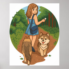 Cute Dog Mom Walking Puppies Forest Trail Illustra Poster