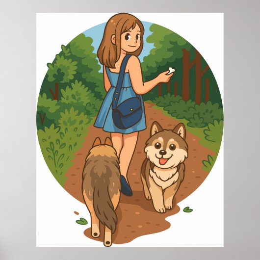 Cute Dog Mom Walking Puppies Forest Trail Illustra Poster (Vorne)