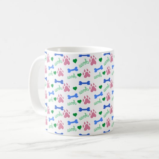 Cute Dog Paw Pattern Hearts, Bones Woof Pink Blue Kaffeetasse (Vorderseite Links)