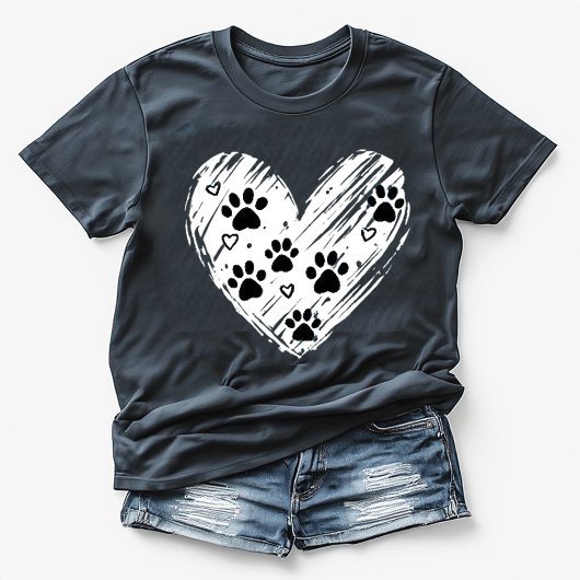 Cute Dog Paw Prints Brushstroke Heart Black  T-Shirt