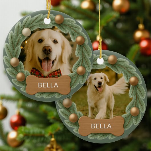 Cute Dog Photo Wreath Holiday Christmas Keramik Ornament