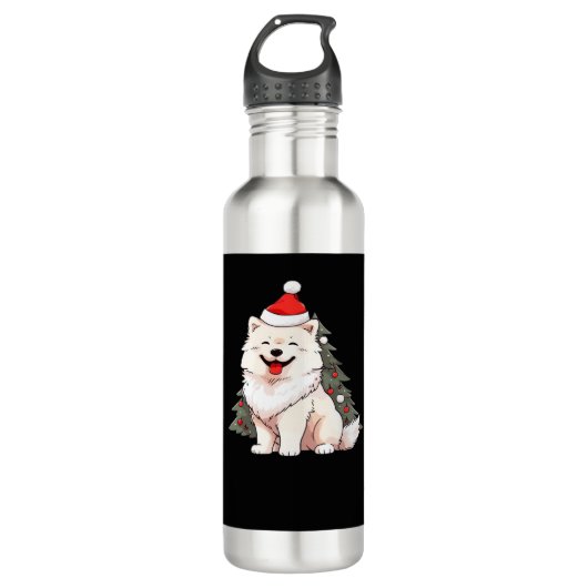 Cute Dog wearing Santa hat and Christmas tree Clas Edelstahlflasche (Vorderseite)