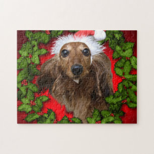 Cute dog with Santa's red hat and garland Puzzle