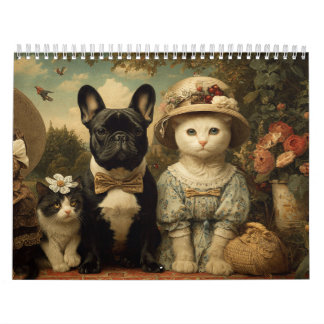 Cute Dogs and Cats Floral Garden Wall Kalender