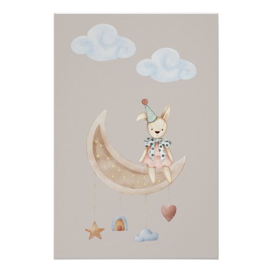 Cute Doll on Crescent Moon Illustration Poster (Vorderseite)