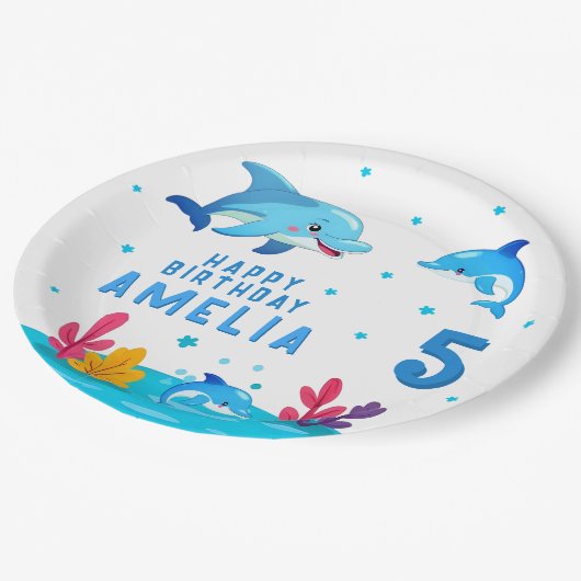 Cute Dolphin Sea Animals Birthday Party Pappteller (Schrägansicht)