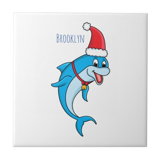 Cute dolphin with Santa hat cartoon Fliese (Vorderseite)
