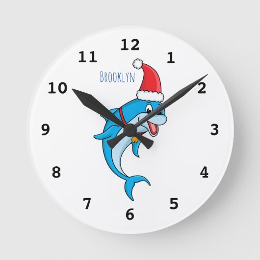 Cute dolphin with Santa hat cartoon Runde Wanduhr (Vorderseite)