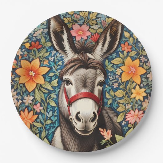 Cute Donkey On Colorful Floral Background Pappteller (Vorderseite)