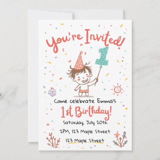 Cute Doodle Crayon Style First Party invite Einladung (Vorderseite)