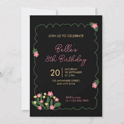 Cute Doodle Flower Frame Kids Birthday Invitation Einladung (Vorderseite)