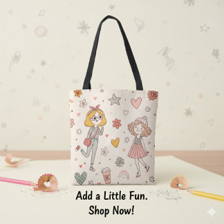 Cute Doodle Girls Full-Print Tote Bag Tasche