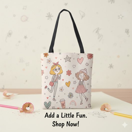 Cute Doodle Girls Full-Print Tote Bag Tasche