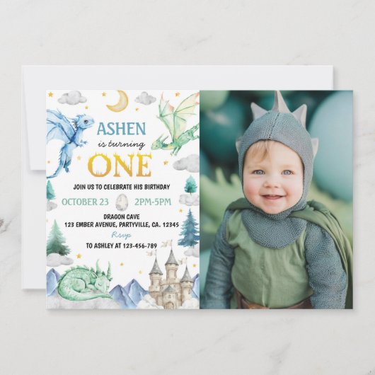 Cute Dragon Boy 1st Birthday Photo Einladung (Vorderseite)