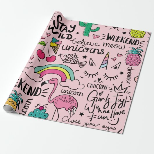 Cute drawings on pink seamless repeating pattern t geschenkpapier (Ungerollt)