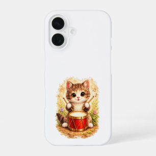 Cute Drummer Cat iPhone 16 Case Kawaii Art Hülle