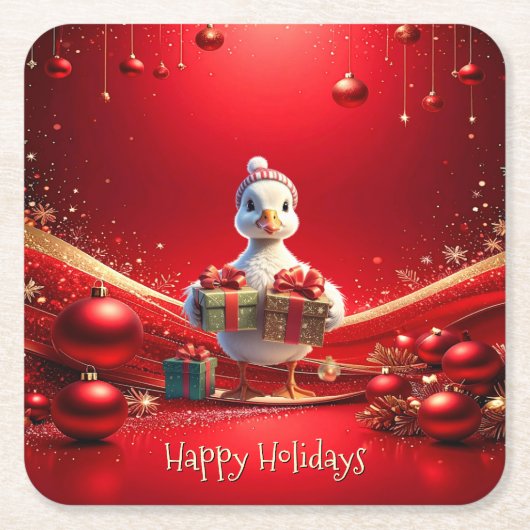 Cute Duck Christmas Holiday Paper Coaster Rechteckiger Pappuntersetzer (Vorderseite)