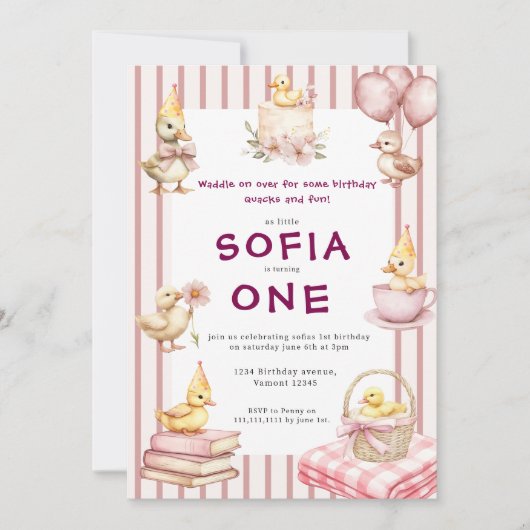 Cute Duckling First Birthday Invitation Einladung (Vorderseite)