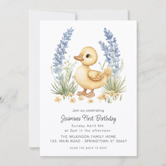Cute Duckling Garden First Birthday QR Code Einladung (Vorderseite)