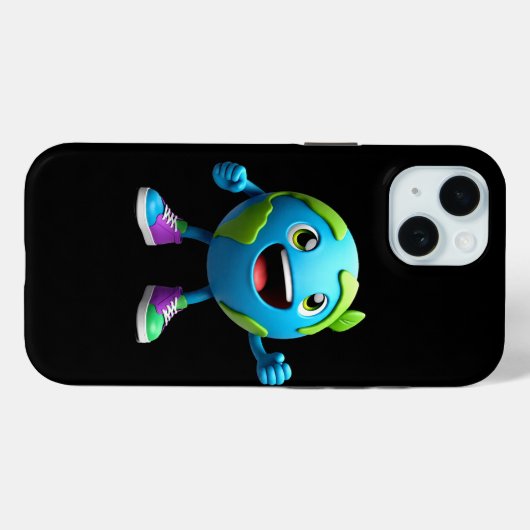 Cute Earth Cartoon iPhone 15 Case – Fun Eco (Rückseite (Horizontal))