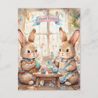 Cute Easter Bunnies Coloring Eggs Feiertagspostkarte