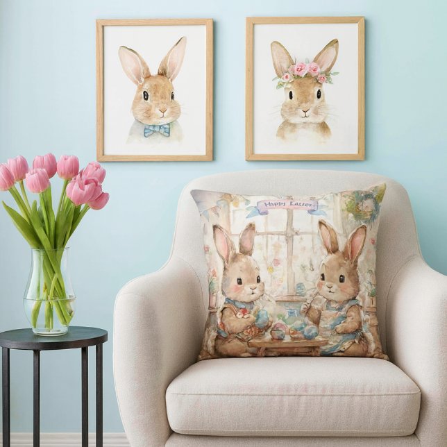 Cute Easter Bunnies & Eggs  Kissen (Whimsical Easter pillow—perfect spring gift for bunny lovers, decorators, and cozy home vibes.)
