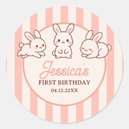 Cute Easter Bunnies Pink Girl 1st Birthday Party Runder Aufkleber