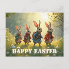Cute Easter Bunnies Walking in Spring Meadow Postkarte