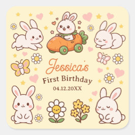 Cute Easter Bunnies Whimsical 1st Birthday Party Quadratischer Aufkleber