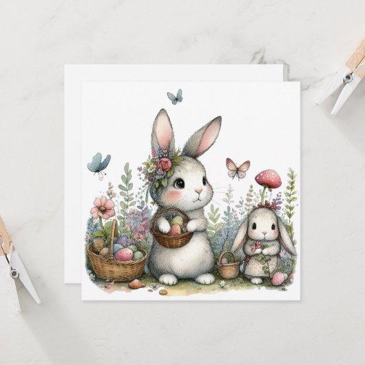 Cute Easter Bunnies with Eggs Whimsical Spring  Karte (Vorderseite/Rückseite Beispiel)