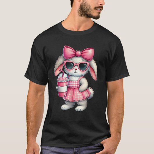 Cute Easter Bunny drinking Ice coffee Easter Bow W T-Shirt (Vorderseite)