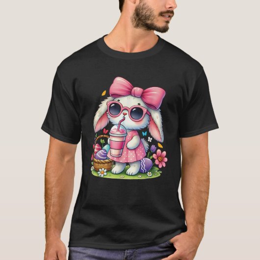 Cute Easter Bunny drinking Ice coffee Easter Bow W T-Shirt (Vorderseite)