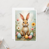 Cute Easter Bunny Eggs Flowers Flat Karte (Vorderseite/Rückseite Beispiel)