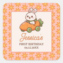 Cute Easter Bunny Floral 1st Birthday Party Quadratischer Aufkleber