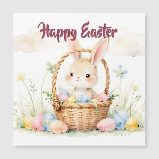 Cute Easter Bunny in Basket with Colorful Eggs Magnetkarte (Vorderseite)