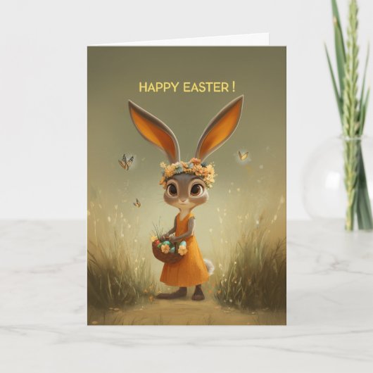 Cute Easter Bunny in Orange Dress w/ Basket Karte (Vorderseite)