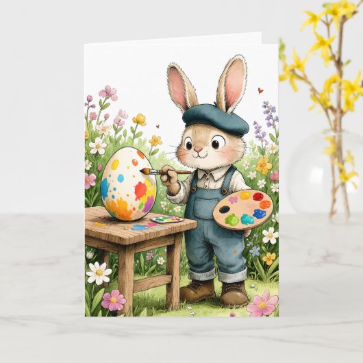 Cute Easter Bunny Painting Egg Whimsical Easter Karte (Gelbe Blume)