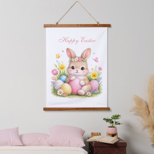 Cute Easter Bunny Rabbit Pink Blush Peony Wandteppich Mit Holzrahmen (Schlafzimmer)